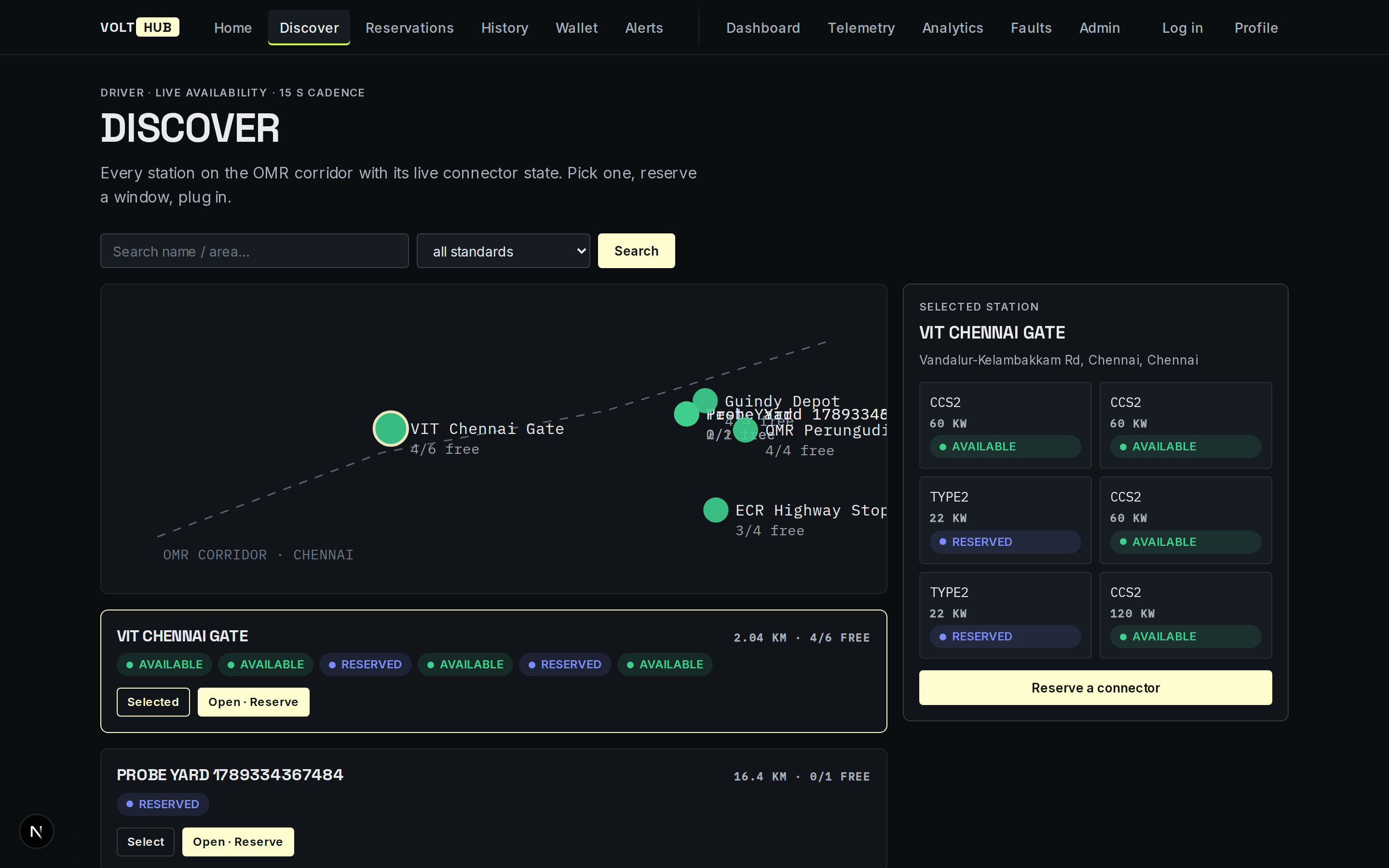Discover — live corridor map and station availability